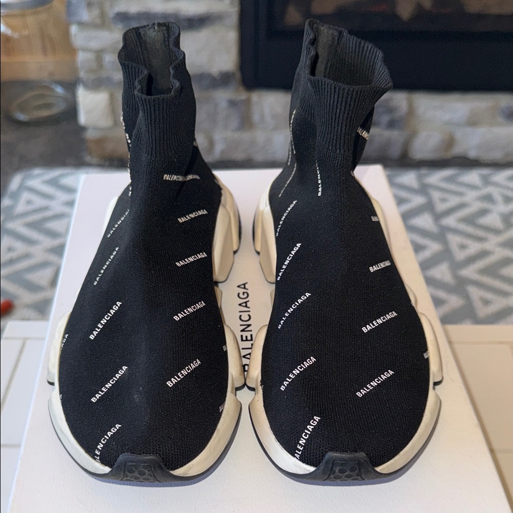 Balenciaga Speed Trainer Black Knit Logo Sock Sneakers with White Sole US size 9